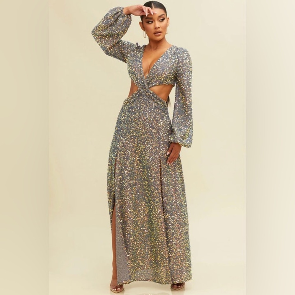 Cut Out Back Split Thigh Sequin Dress
